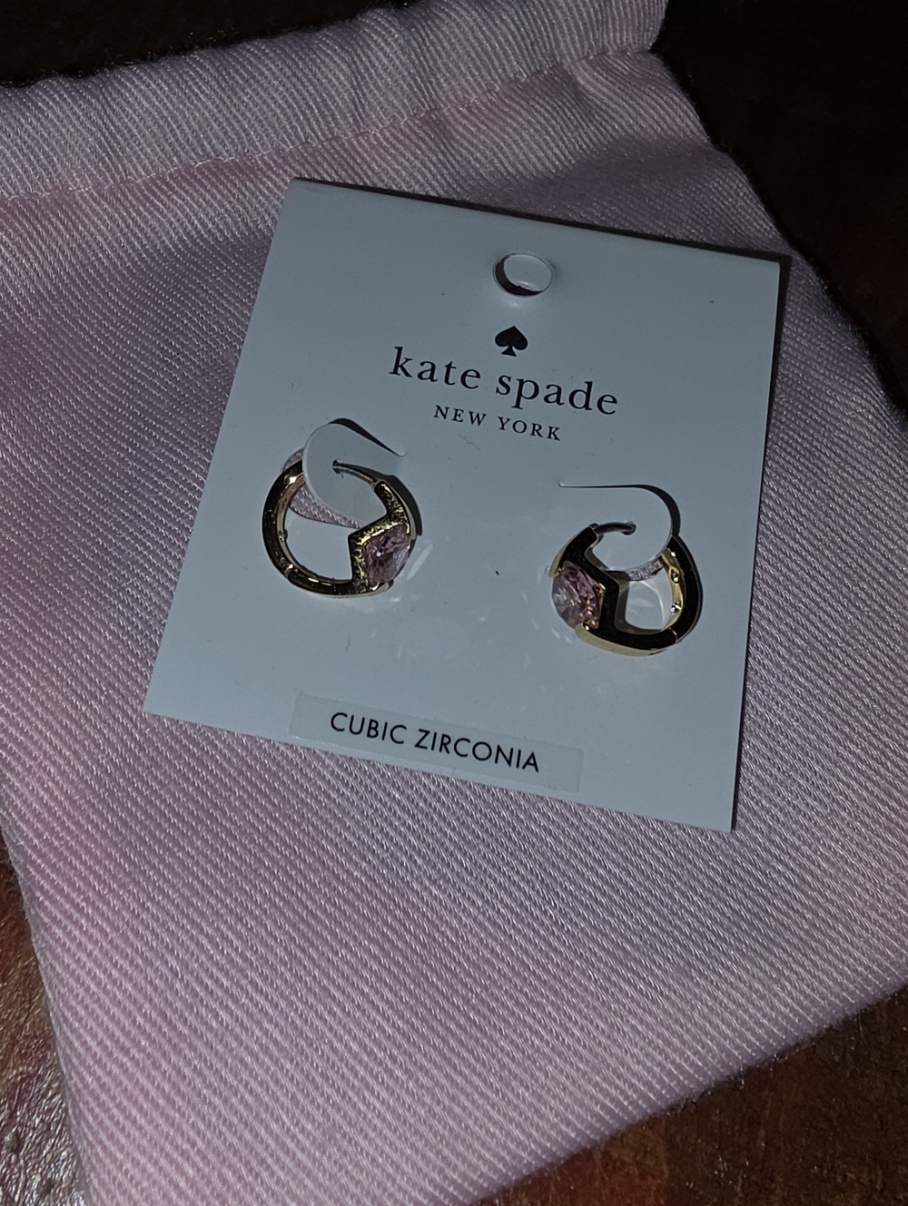 Kate Spade Gold-Tone Hoop Huggie Earrings Light Pink Stones New Cubic Zirconia
